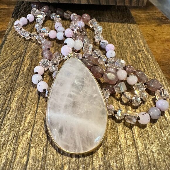 Bohemian Natural Stone Glass Knot Pendant Necklace | Gift Box Included , Pink Q - Picture 8 of 12